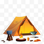 露营地卡通构图与黄色帐篷灯锅与晚餐在火夜空