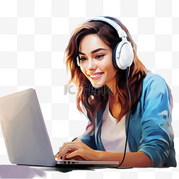使用耳机图片_戴耳机的年轻女性使用笔记本电脑