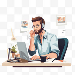 男人在电脑前工作，打电话