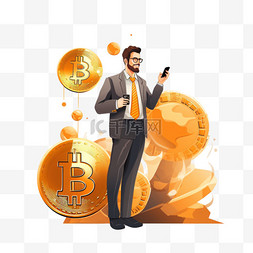 在电话图片_拿着比特币硬币站在电话上的男人