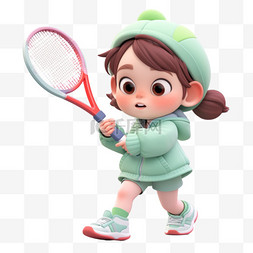 开心的女孩子图片_卡通3d元素打网球的女孩子