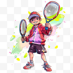 手绘元素男孩打网球卡通