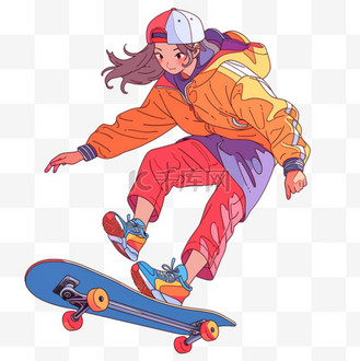 滑板运动卡通手绘女孩元素