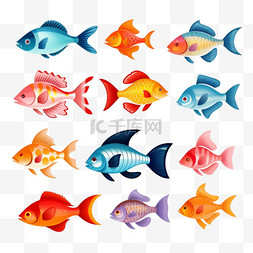 水上的动物图片_白色背景上的一组矢量鱼图标，为
