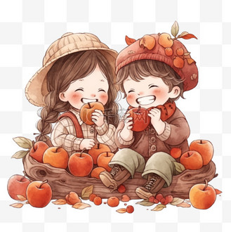 可爱孩子吃苹果手绘秋天卡通元素