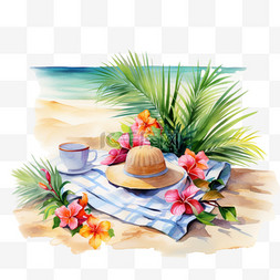 水彩风格夏日沙滩海边帽子元素