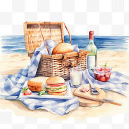 水彩风格夏日沙滩野餐