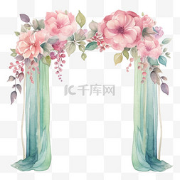 婚礼拱门图片_水彩风格婚礼粉红美丽鲜花拱门免
