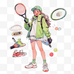 打网球元素女孩卡通手绘