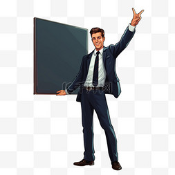 办公黑板图片_男人是西装，在黑板前举起双手
