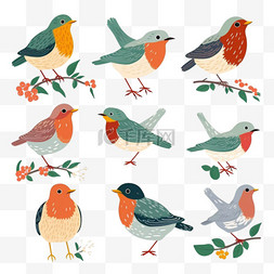 手绘插图彩色图片_手绘平面设计知更鸟系列