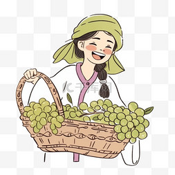 白色葡萄图片_一筐丰收的葡萄秋天女人卡通手绘