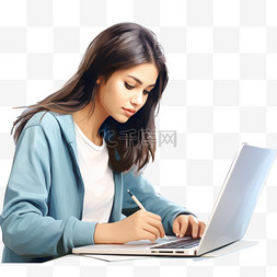 记笔记图片_年轻女子看着笔记本电脑并在笔记