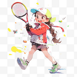 打网球的开心女孩卡通手绘元素