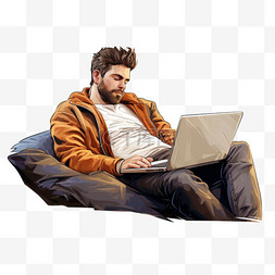 男人躺在沙发上，在笔记本电脑上