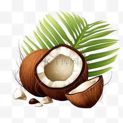 鲜榨椰子汁图片_带绿棕榈叶的完整碎椰子
