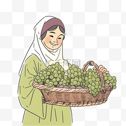 吐鲁番的葡萄熟了图片_秋天女人手绘一筐丰收的葡萄卡通