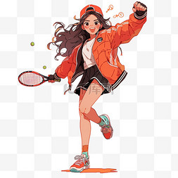 手绘打网球的女孩卡通元素