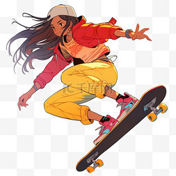 滑板运动女孩元素卡通手绘