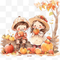 秋天丰收场景图片_可爱孩子手绘吃苹果卡通元素