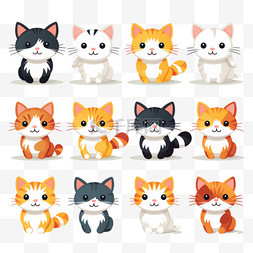 一组动物图片_一组矢量可爱的卡通猫隔离在白色