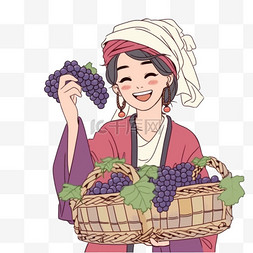葡萄干粥图片_秋天元素女人一筐丰收的葡萄卡通