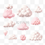 白色的3D真实感云层孤立地设置在粉色的粉色背景上。渲染柔软的圆形卡通蓬松的云朵图标。三维几何形状矢量插图