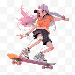 滑板运动女孩卡通手绘元素