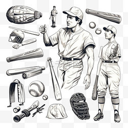 棒球棒运动图片_棒球单色元素与运动服和手势奖杯