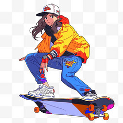 吃柚子的女孩图片_运动女孩滑板卡通手绘元素