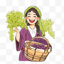 开心一笑图片_手绘元素秋天女人一筐丰收的葡萄