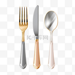 餐饮叉子图片_3D餐具，金色和银色的叉子，刀子