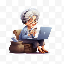 奶奶坐在笔记本电脑上工作，打电