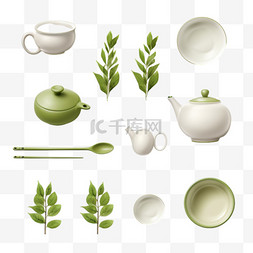 茶树叶子图片_逼真的绿茶套装，带有杯子、勺子