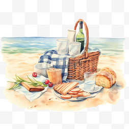 水彩风格夏日海边野餐