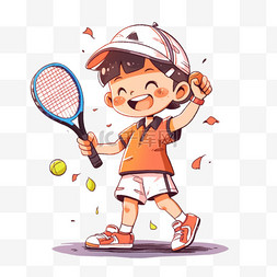 卡通绿树照片墙图片_打网球男孩卡通元素手绘