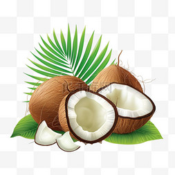 椰叶椰子图片_带绿棕榈叶的完整碎椰子