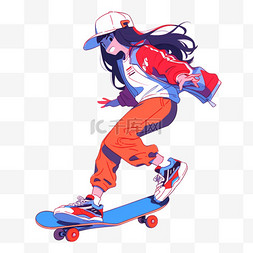 玩滑板的女孩图片_运动手绘卡通元素滑板女孩