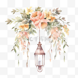 水彩装饰植物图片_水彩风格婚礼装饰植物鲜花吊灯