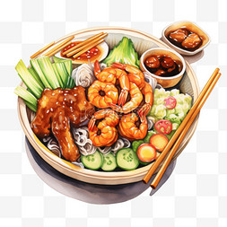 水彩风格中餐多种类搭配小吃食物