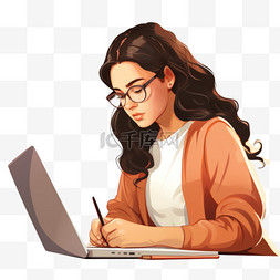 年轻女子看着笔记本电脑并在笔记