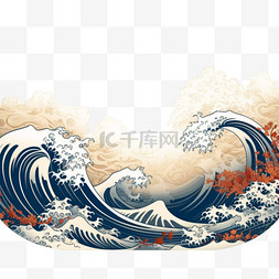 传统海水图片_复古波浪日本矢量边界，作品的混