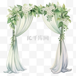 婚礼拱门素材图片_水彩风格婚礼纯白帘子鲜花拱门免