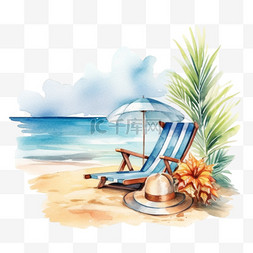 水彩风格夏日沙滩旅游太阳伞元素