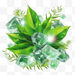 立方体的图片_凉爽的冰背景与绿色的树叶