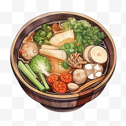 煲汤锅手绘图片_水彩风格中餐香菇蔬菜汤