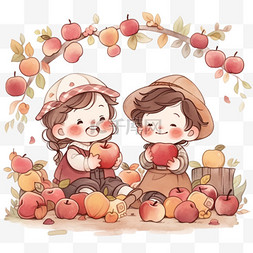 丰收苹果背景图片_卡通孩子吃苹果手绘元素