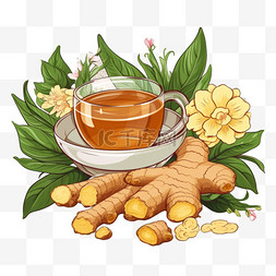 茶饮主图背景图片_设置一个新鲜的姜根，切片，花和