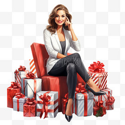 立着的圣诞树图片_女商人坐在被礼物包围的圣诞棒棒