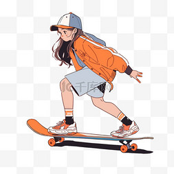 女孩滑板图片_手绘卡通元素滑板女孩运动